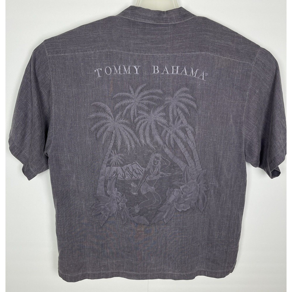 Tommy Bahama Button Up Gray Mens XL Silk Shirt Hula Girl Hawaiian Camp Floral